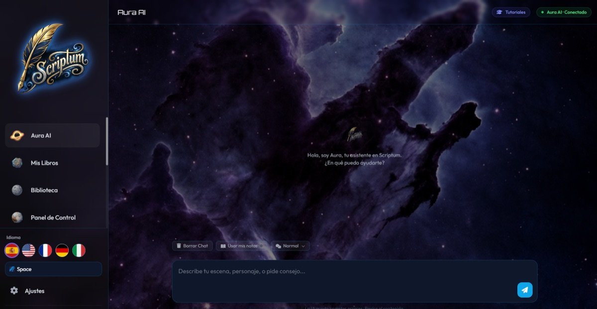 Aura AI: asistente de escritura con inteligencia artificial en Scriptum, interfaz inmersiva con tema Space