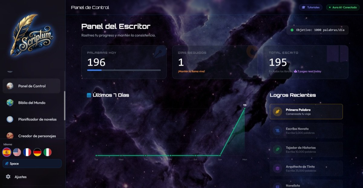 Panel del Escritor en Scriptum: estadísticas de progreso, palabras escritas y logros recientes con tema Space