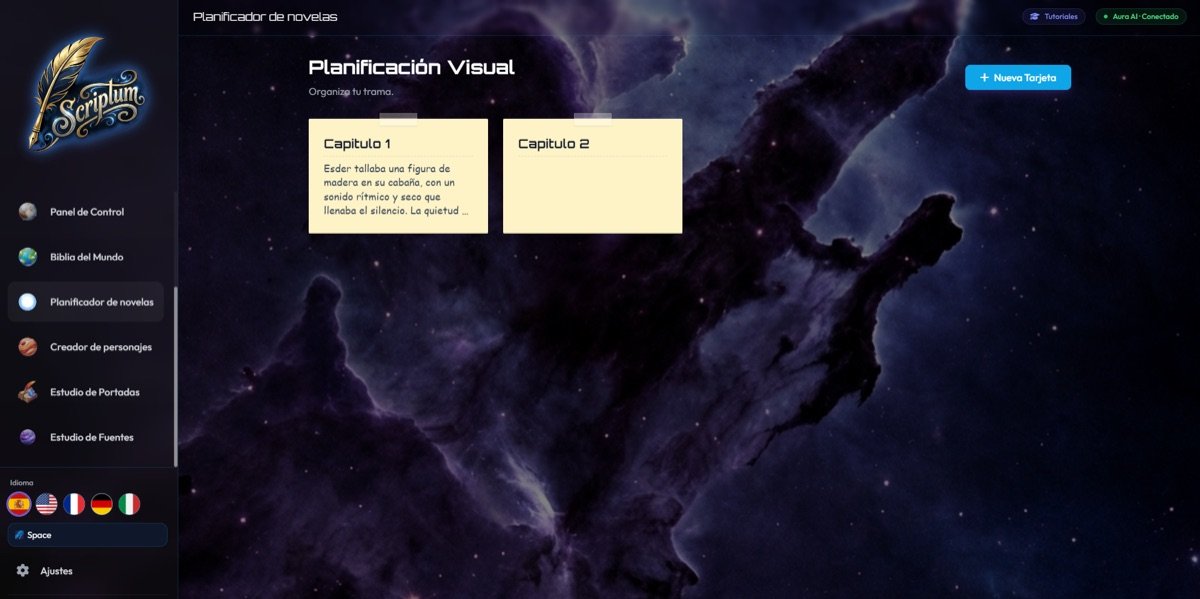 Planificador Visual de Scriptum: organización de capítulos y estructura narrativa con tarjetas drag and drop