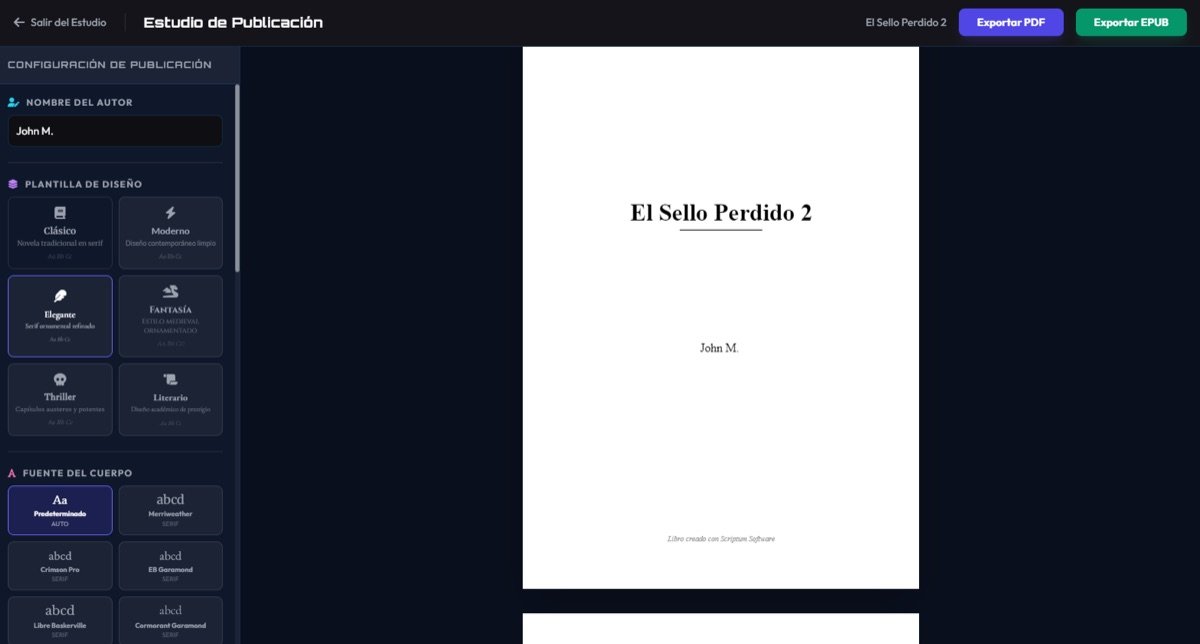 Estudio de Publicación en Scriptum: exportación profesional a PDF KDP y EPUB con plantillas tipográficas